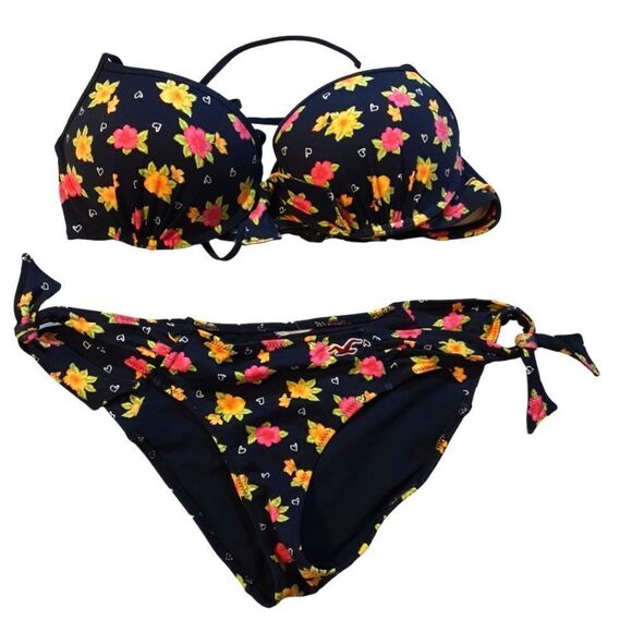 BIKINI Navy Floral Side Ties Bows‎ Size S/M B/C Firm Cup - Picture 1 of 2